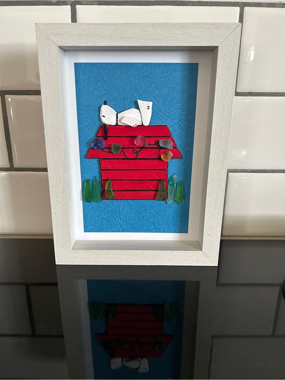 Framed Red Doghouse Sea Glass Wall Art - White Frame